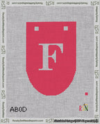 A taped needlepoint canvas with the design: Banner 18 mesh count Rounded F White on Red.