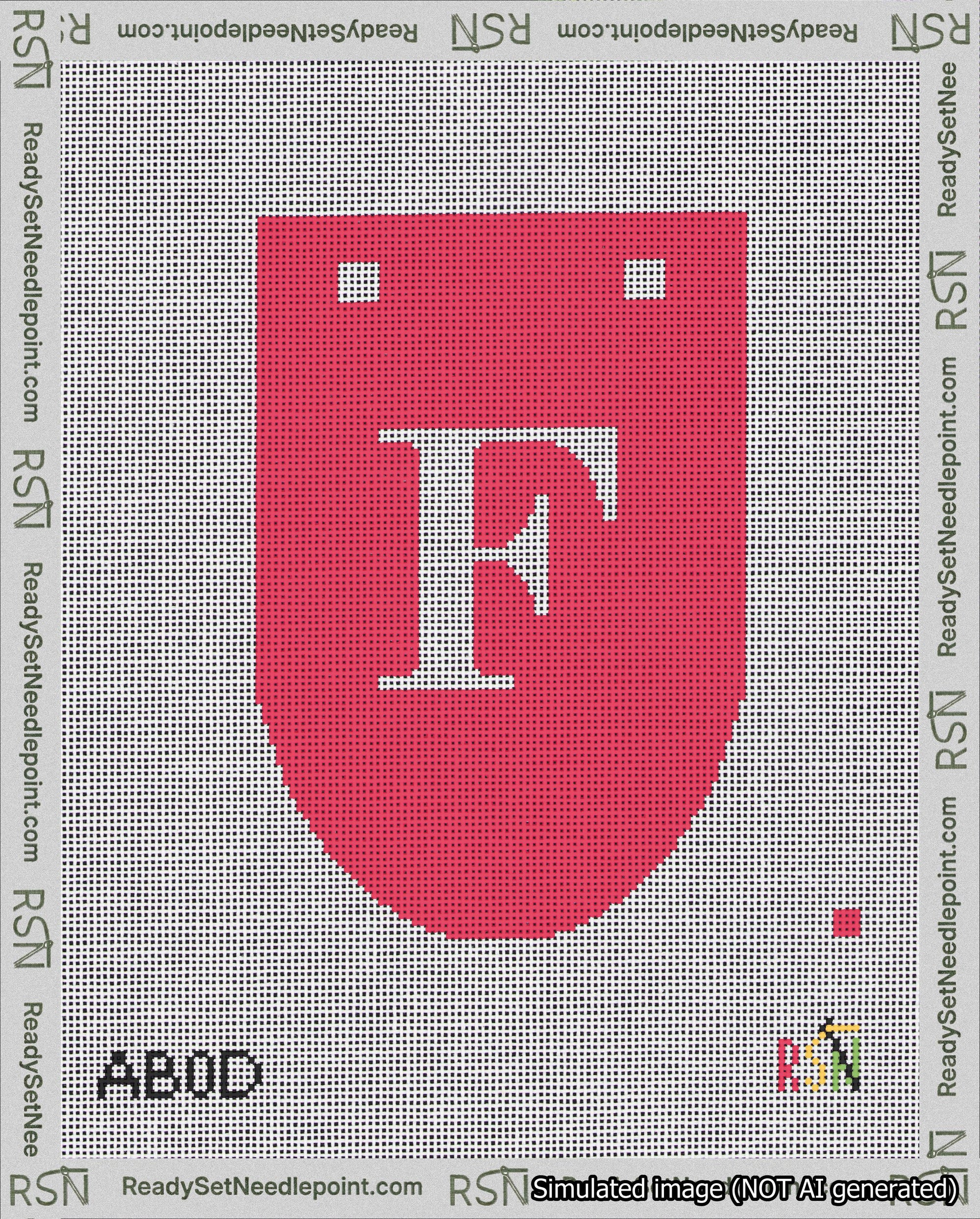 A taped needlepoint canvas with the design: Banner 18 mesh count Rounded F White on Red.