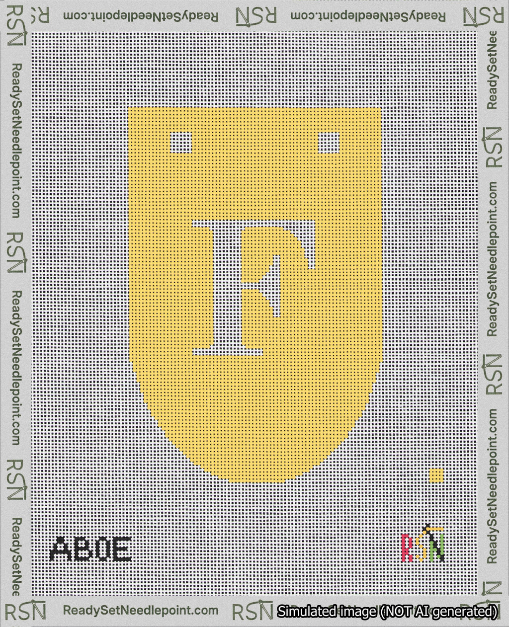 A taped needlepoint canvas with the design: Banner 18 mesh count Rounded F White on Yellow.