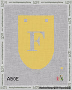 A taped needlepoint canvas with the design: Banner 18 mesh count Rounded F White on Yellow.