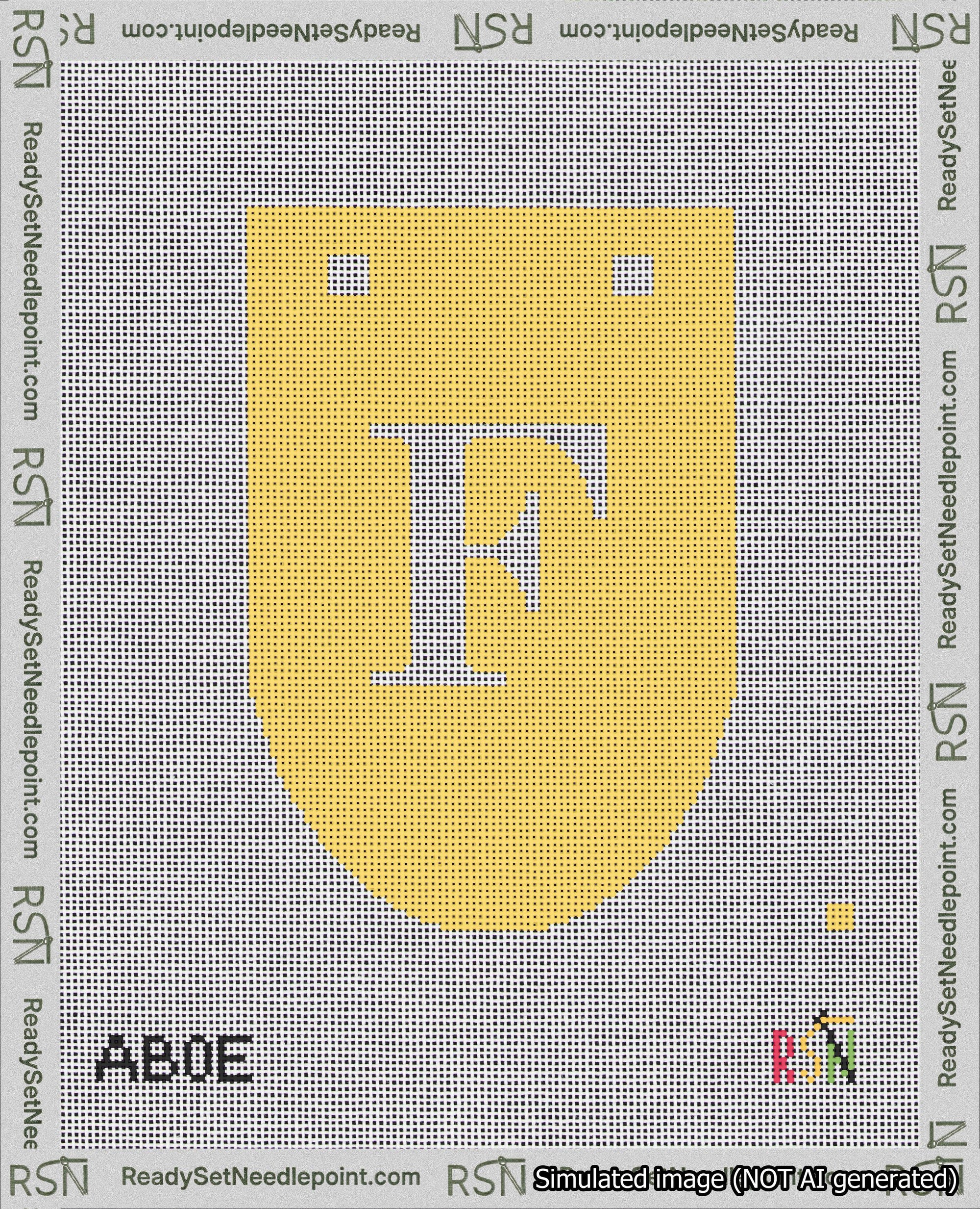 A taped needlepoint canvas with the design: Banner 18 mesh count Rounded F White on Yellow.