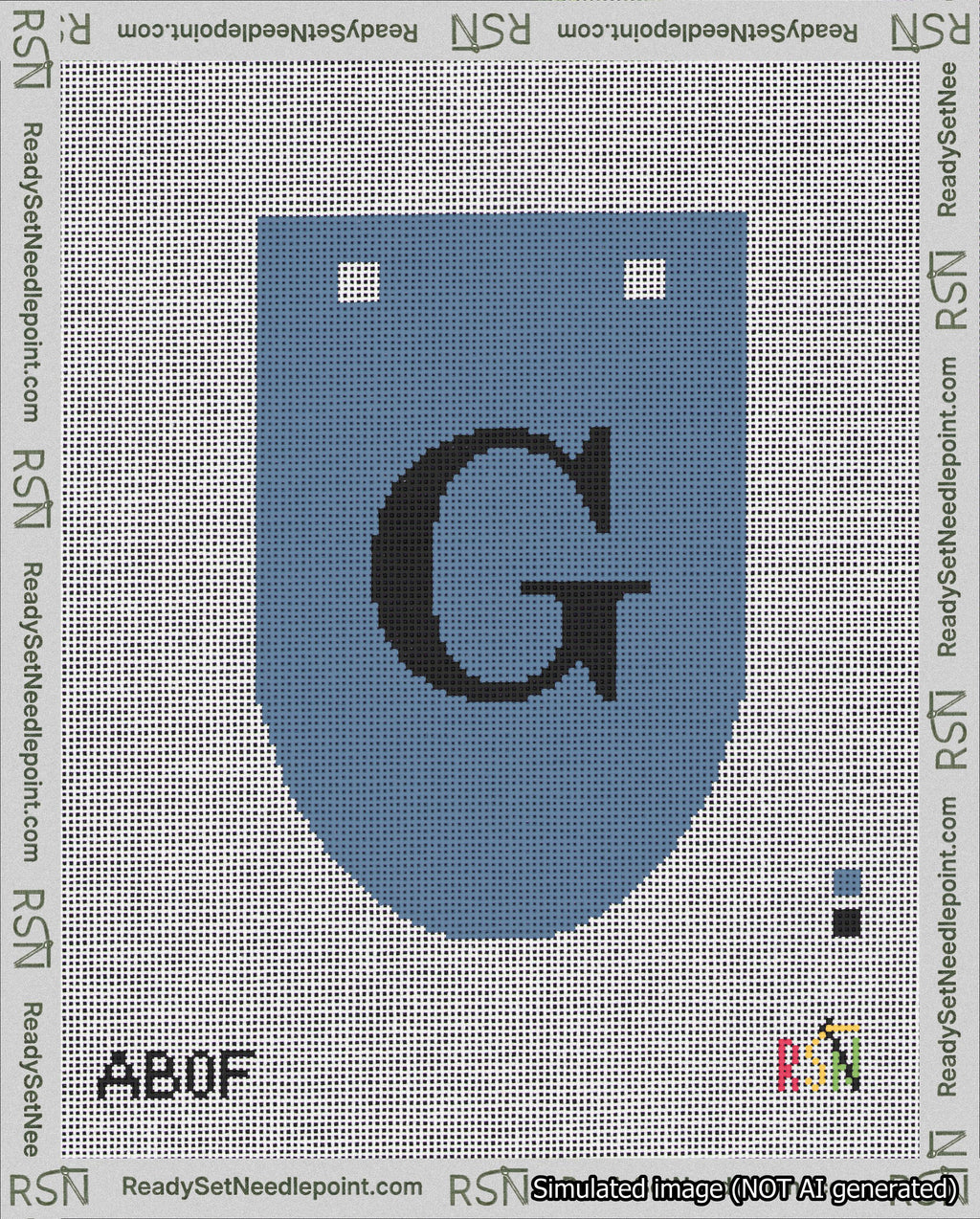 A taped needlepoint canvas with the design: Banner 18 mesh count Rounded G Black on Blue.