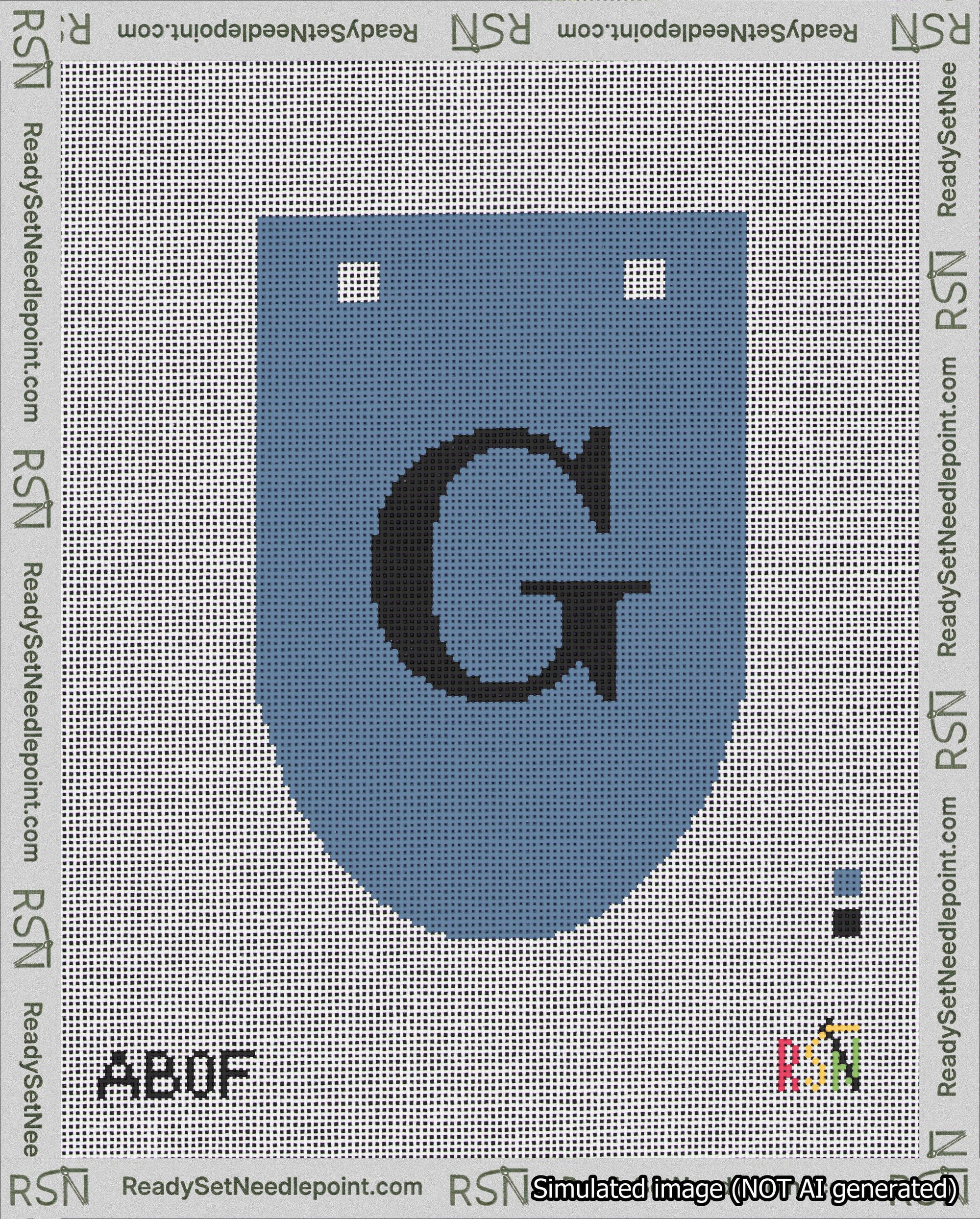 A taped needlepoint canvas with the design: Banner 18 mesh count Rounded G Black on Blue.