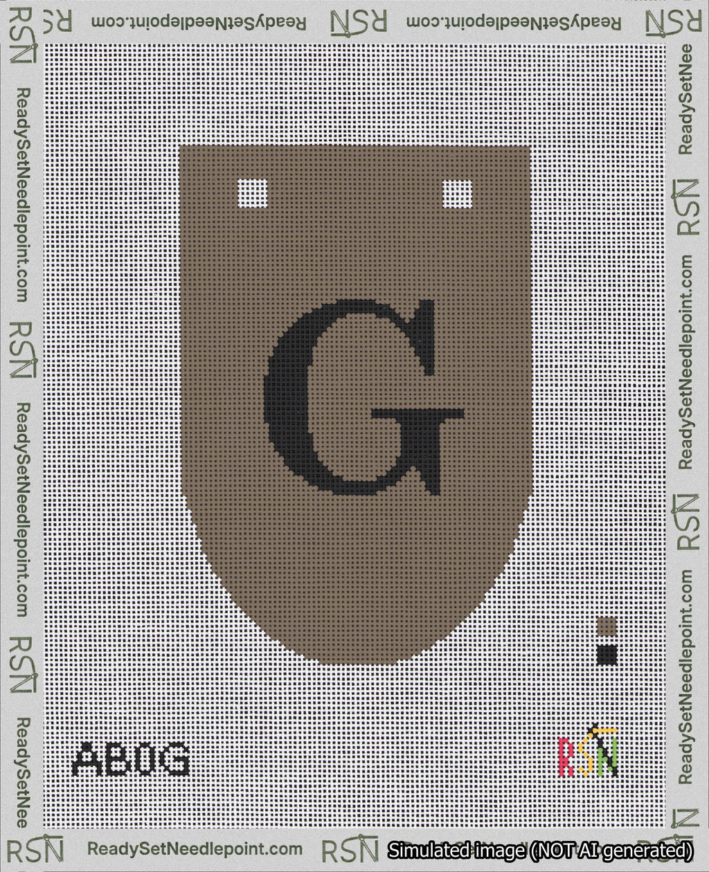 A taped needlepoint canvas with the design: Banner 18 mesh count Rounded G Black on Brown.