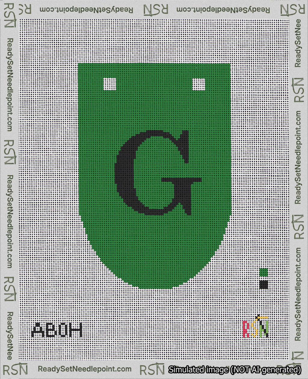 A taped needlepoint canvas with the design: Banner 18 mesh count Rounded G Black on Green.
