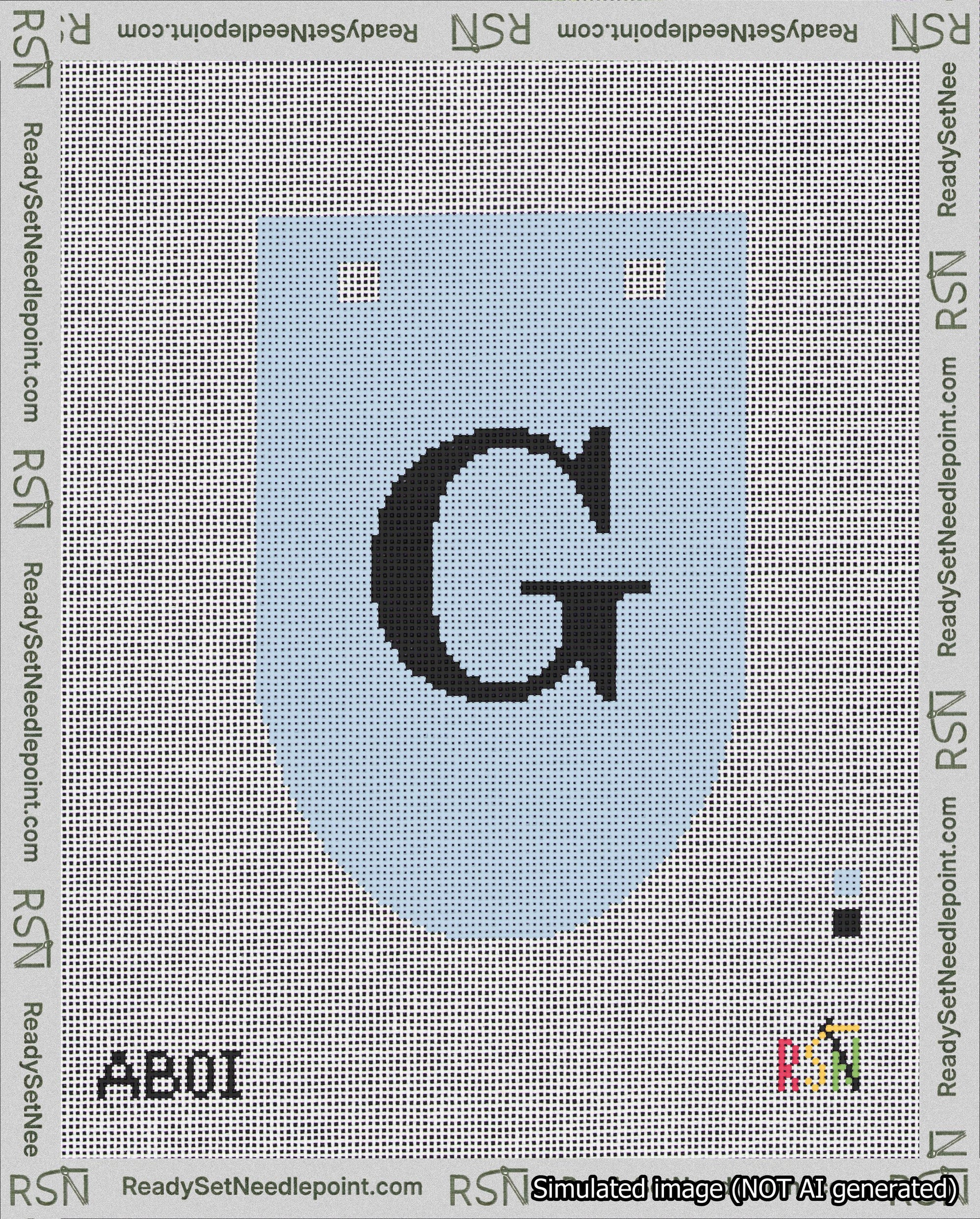 A taped needlepoint canvas with the design: Banner 18 mesh count Rounded G Black on Light Blue.
