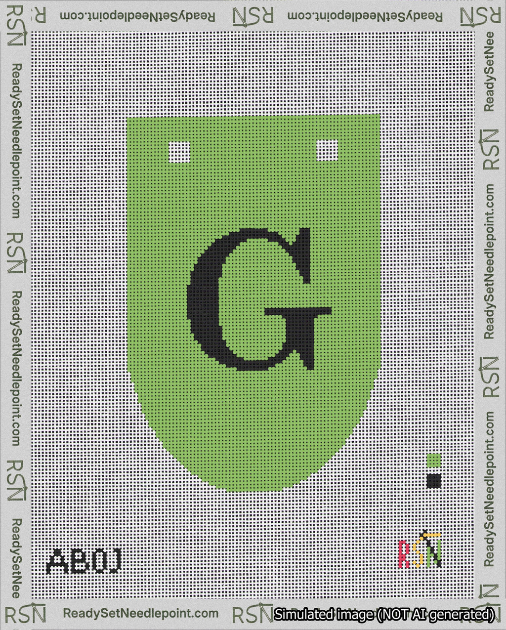 A taped needlepoint canvas with the design: Banner 18 mesh count Rounded G Black on Light Green.