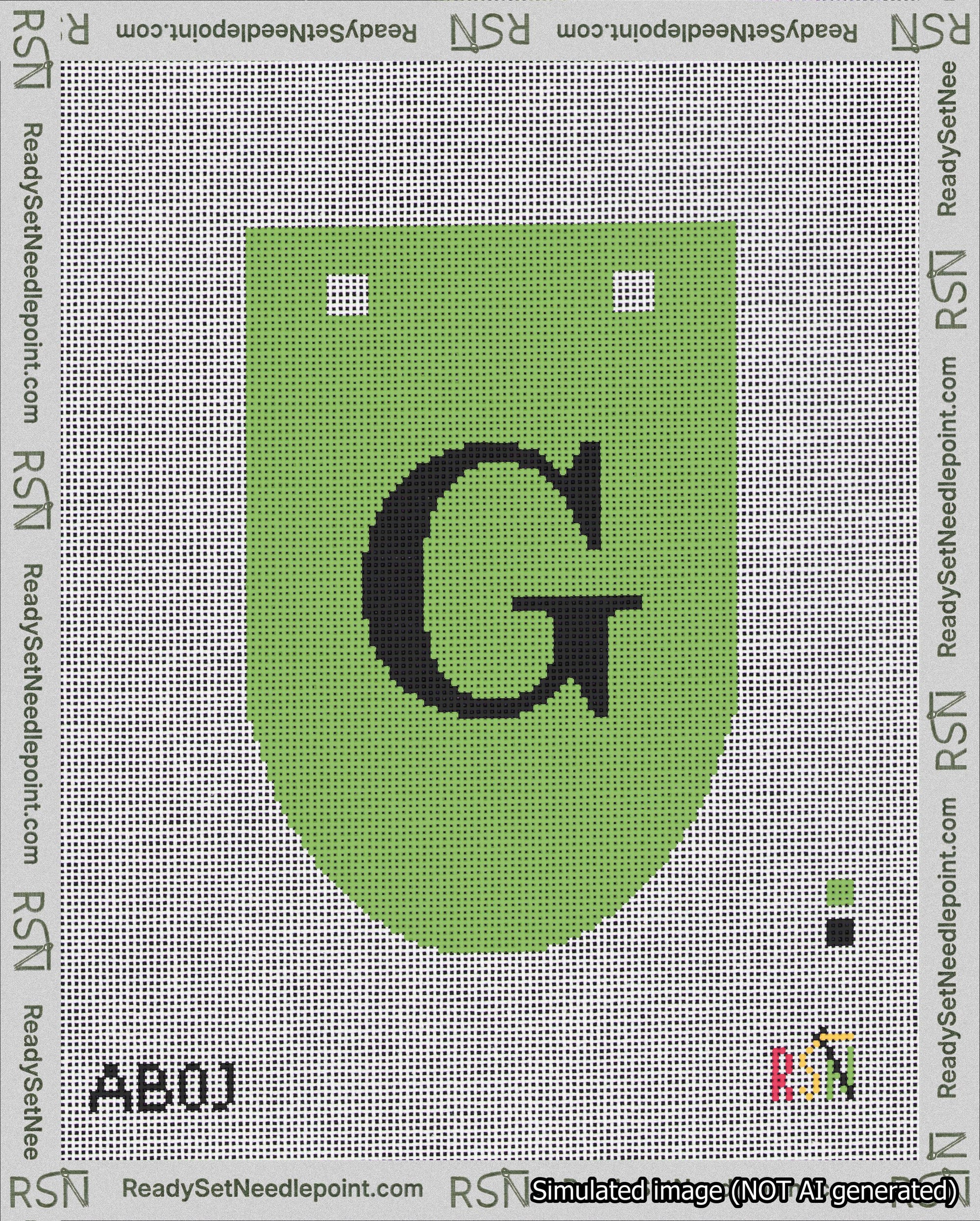 A taped needlepoint canvas with the design: Banner 18 mesh count Rounded G Black on Light Green.