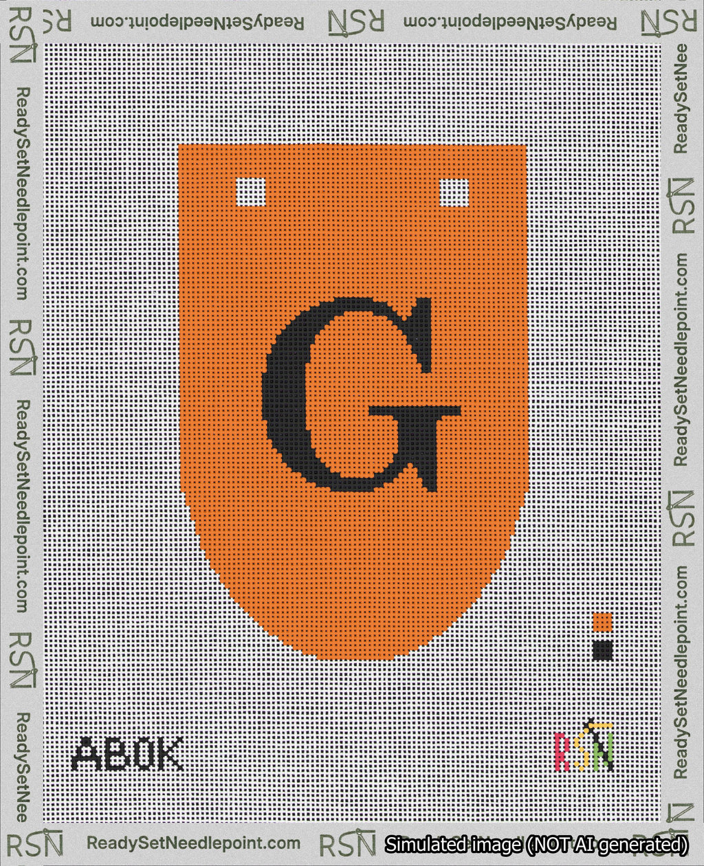 A taped needlepoint canvas with the design: Banner 18 mesh count Rounded G Black on Orange.