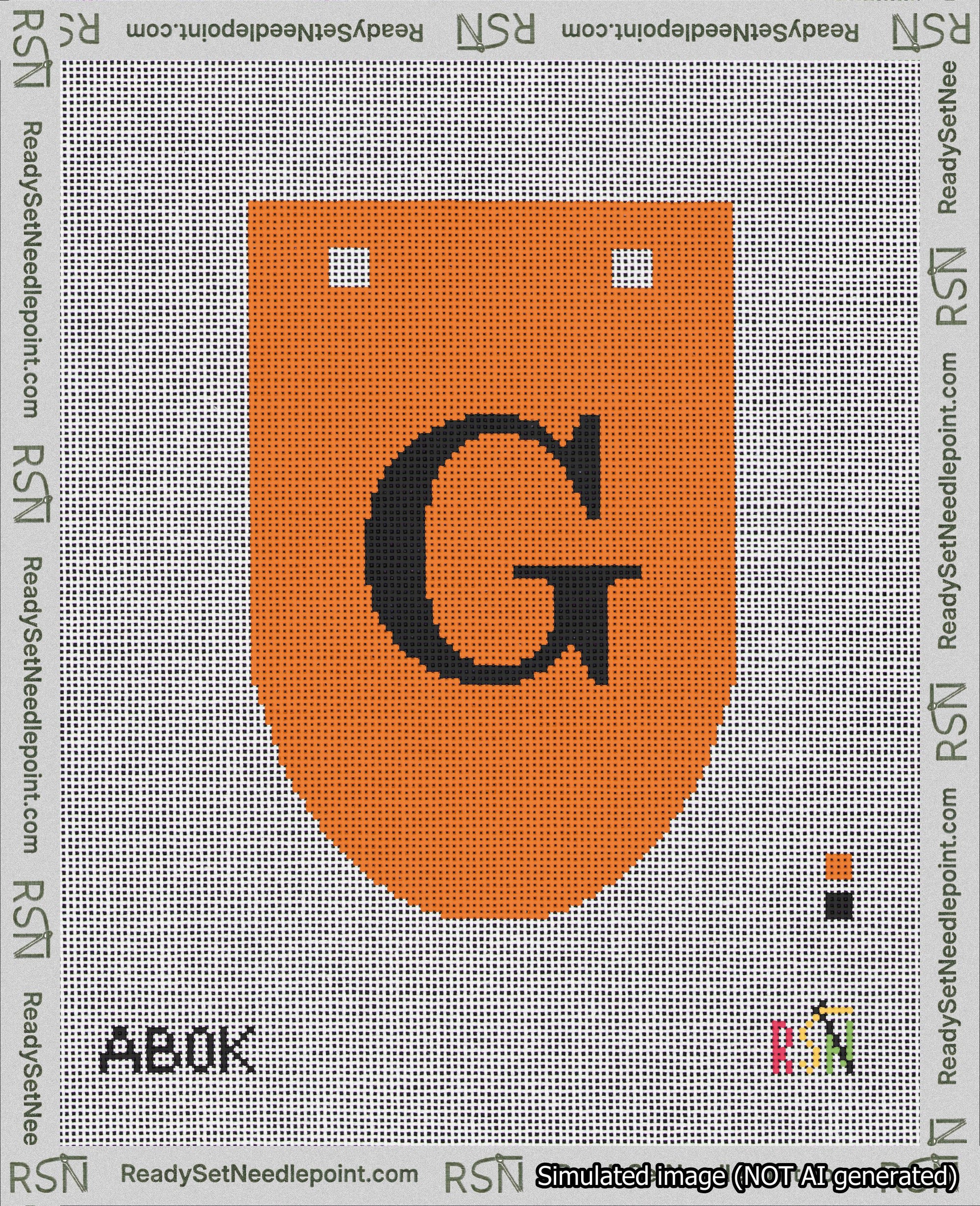 A taped needlepoint canvas with the design: Banner 18 mesh count Rounded G Black on Orange.