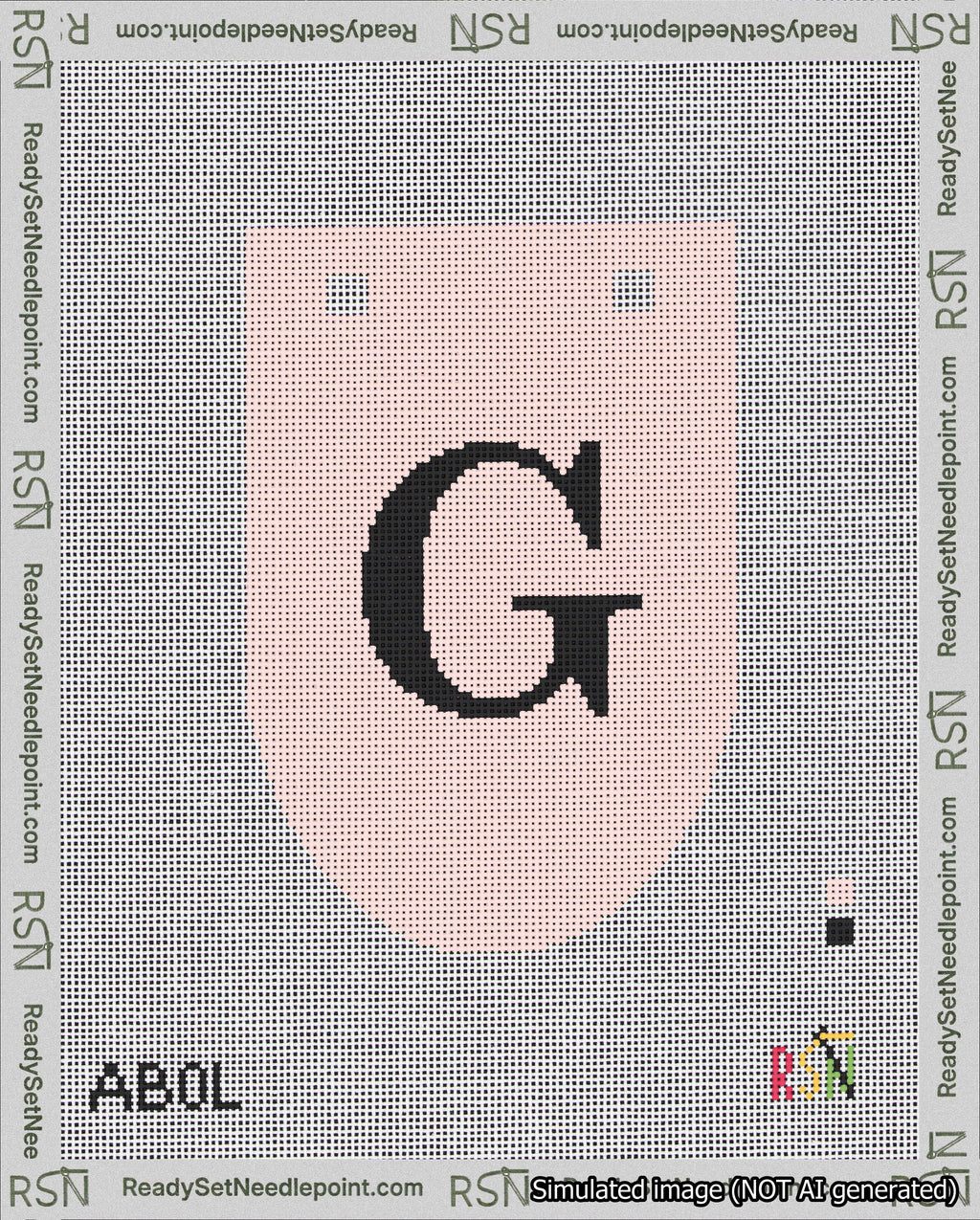 A taped needlepoint canvas with the design: Banner 18 mesh count Rounded G Black on Pink.