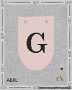 A taped needlepoint canvas with the design: Banner 18 mesh count Rounded G Black on Pink.