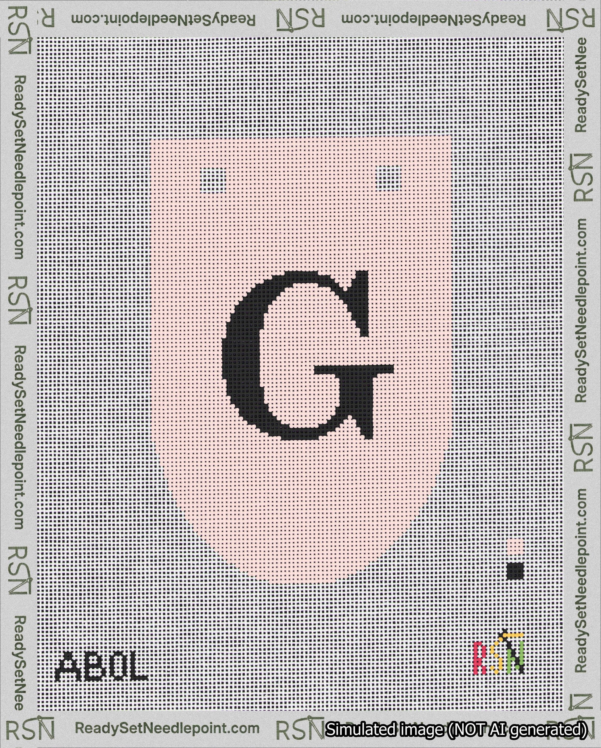 A taped needlepoint canvas with the design: Banner 18 mesh count Rounded G Black on Pink.
