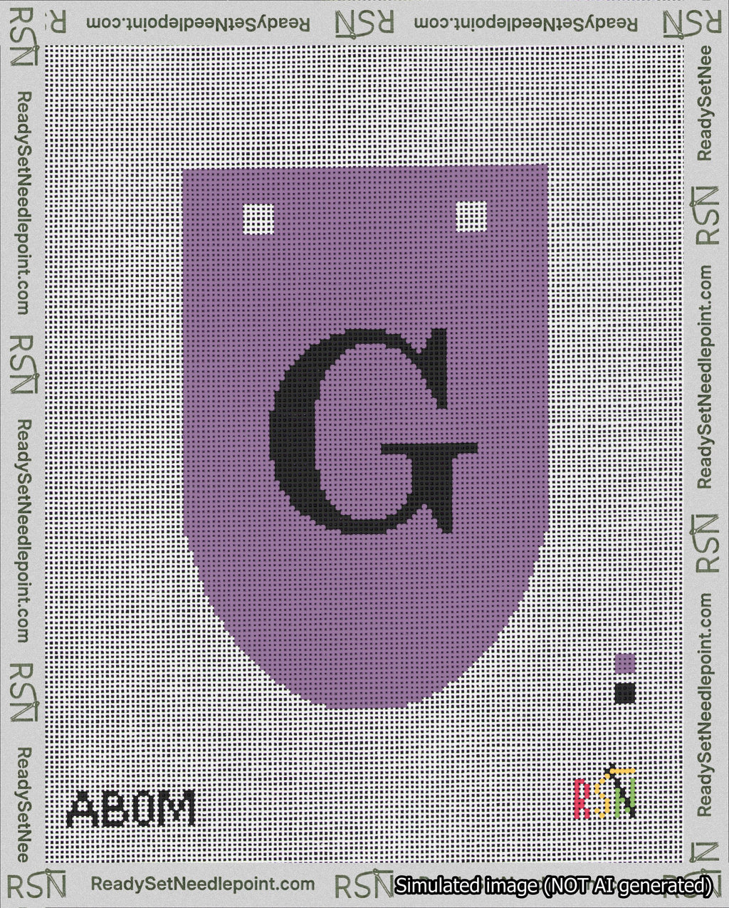 A taped needlepoint canvas with the design: Banner 18 mesh count Rounded G Black on Purple.