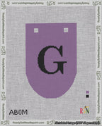 A taped needlepoint canvas with the design: Banner 18 mesh count Rounded G Black on Purple.