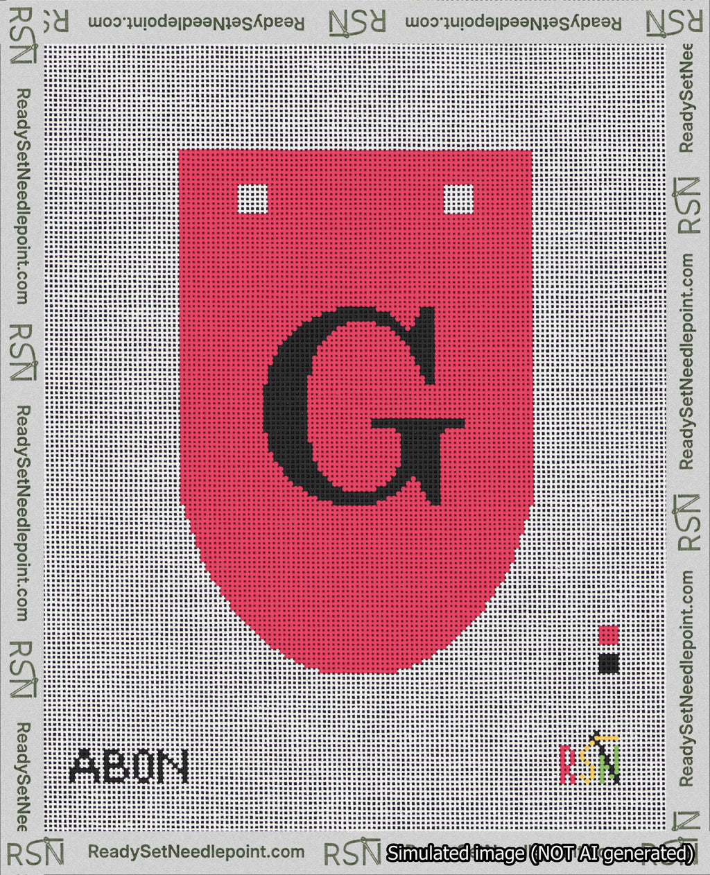 A taped needlepoint canvas with the design: Banner 18 mesh count Rounded G Black on Red.