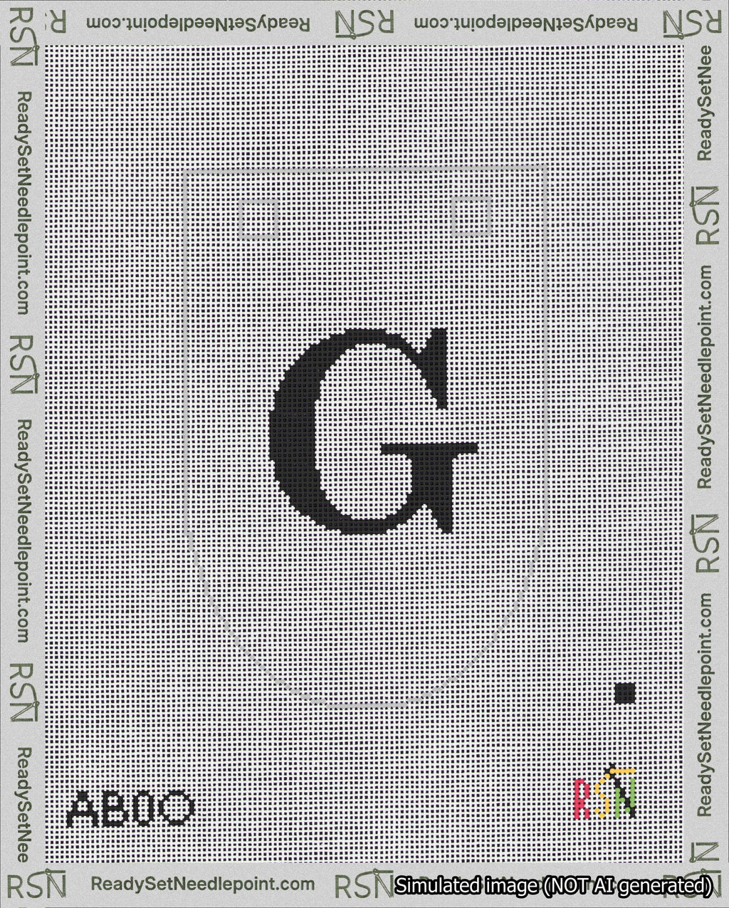 A taped needlepoint canvas with the design: Banner 18 mesh count Rounded G Black on White.