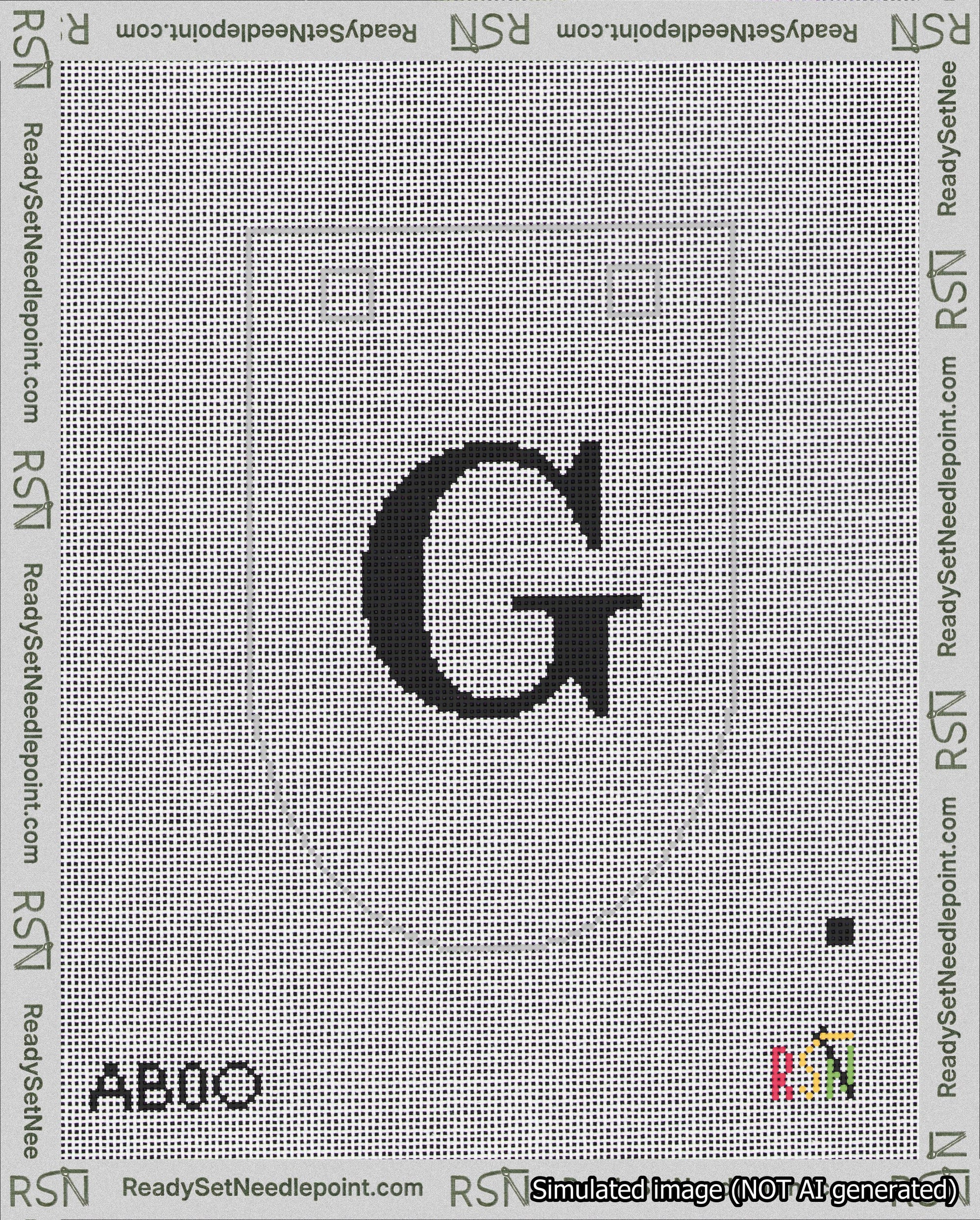 A taped needlepoint canvas with the design: Banner 18 mesh count Rounded G Black on White.