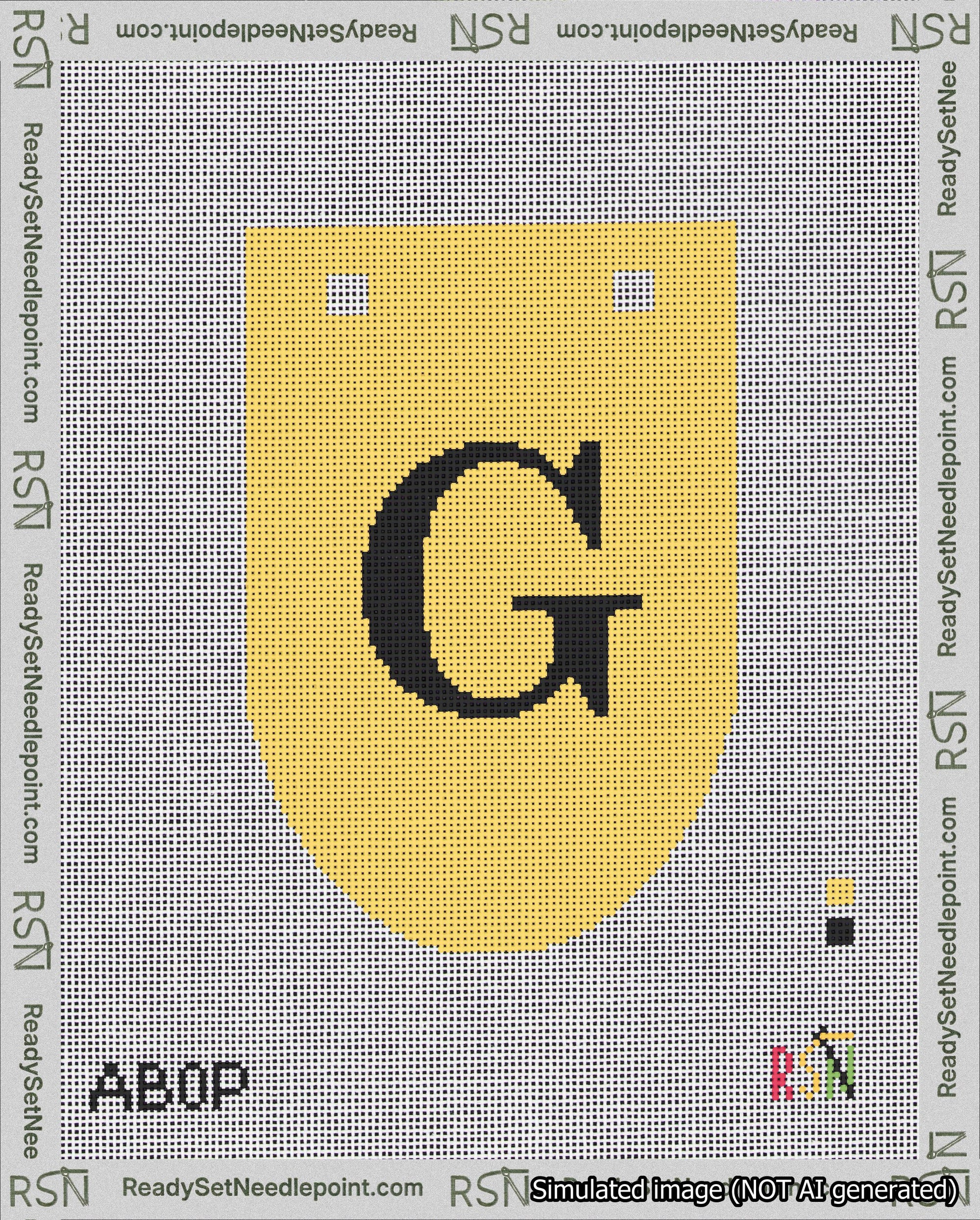 A taped needlepoint canvas with the design: Banner 18 mesh count Rounded G Black on Yellow.