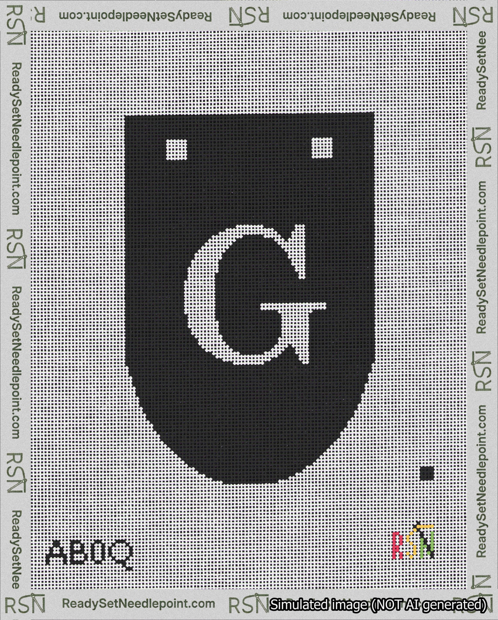 A taped needlepoint canvas with the design: Banner 18 mesh count Rounded G White on Black.