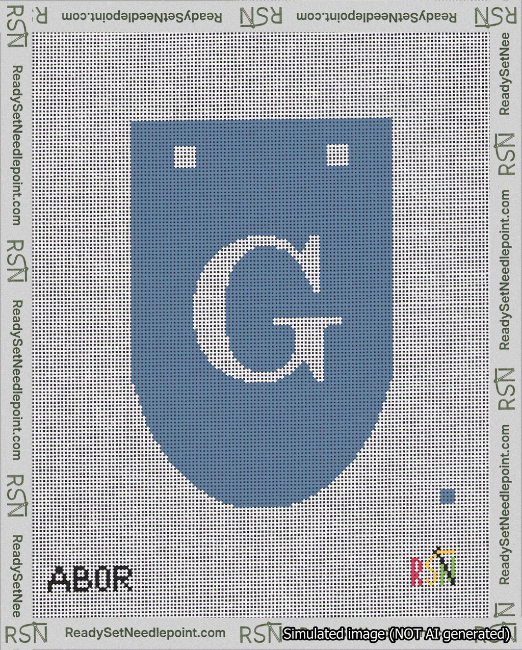 A taped needlepoint canvas with the design: Banner 18 mesh count Rounded G White on Blue.