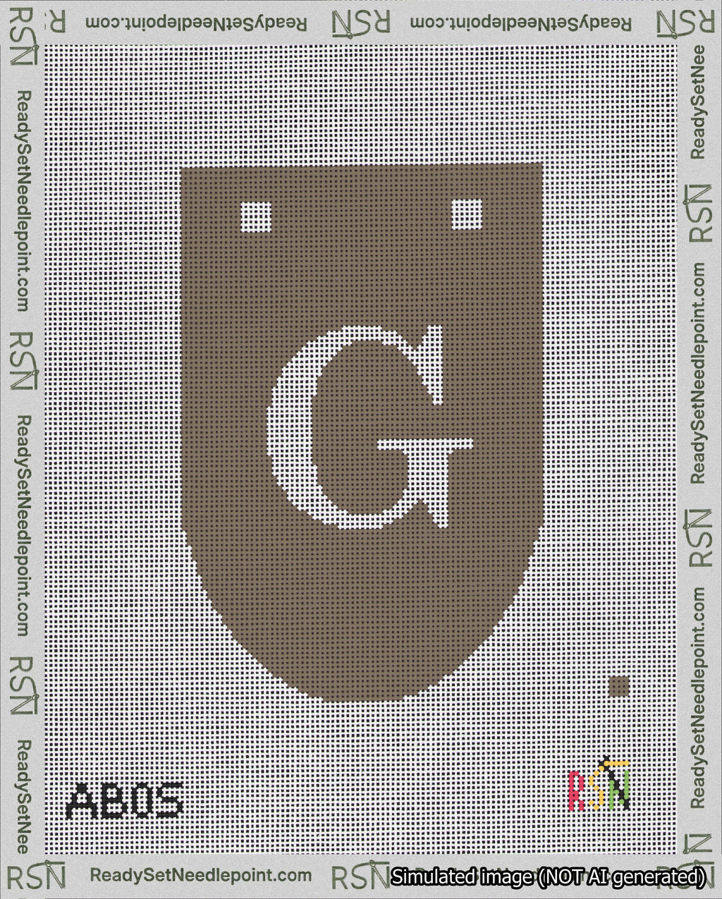 A taped needlepoint canvas with the design: Banner 18 mesh count Rounded G White on Brown.