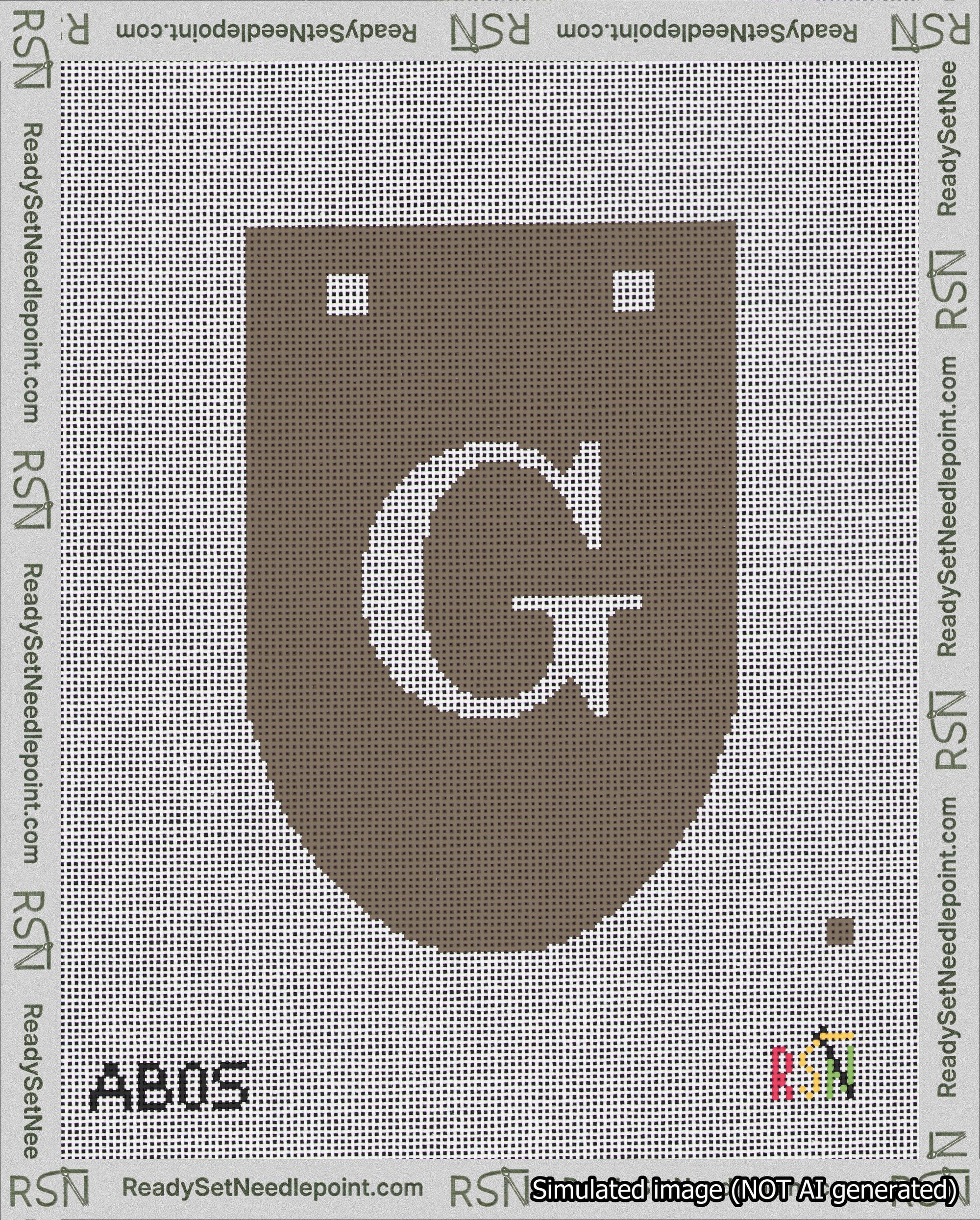A taped needlepoint canvas with the design: Banner 18 mesh count Rounded G White on Brown.