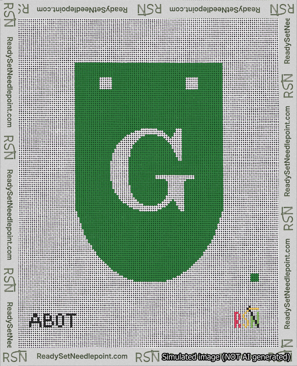 A taped needlepoint canvas with the design: Banner 18 mesh count Rounded G White on Green.