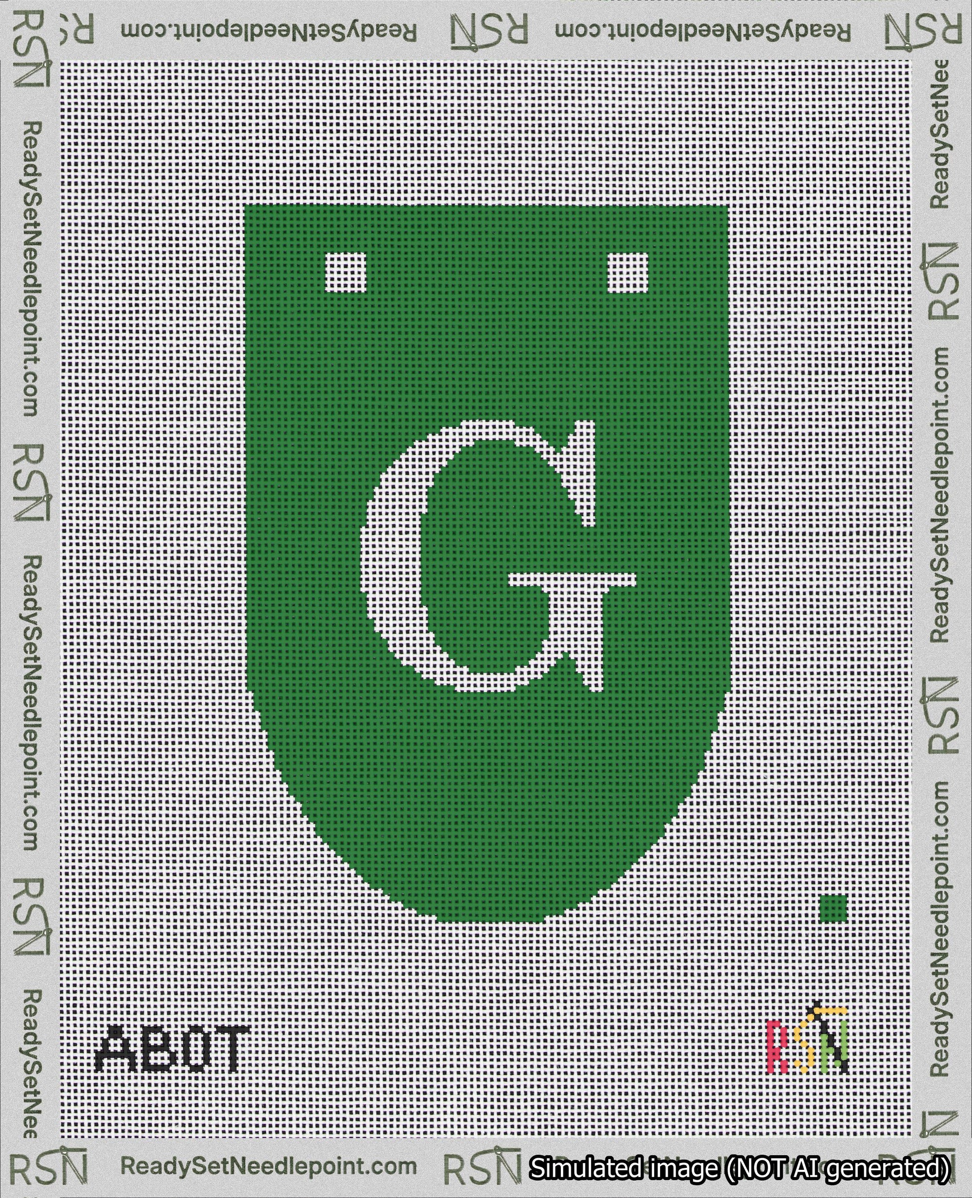 A taped needlepoint canvas with the design: Banner 18 mesh count Rounded G White on Green.