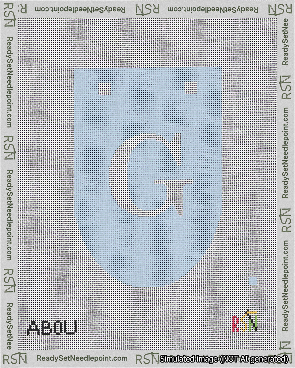 A taped needlepoint canvas with the design: Banner 18 mesh count Rounded G White on Light Blue.