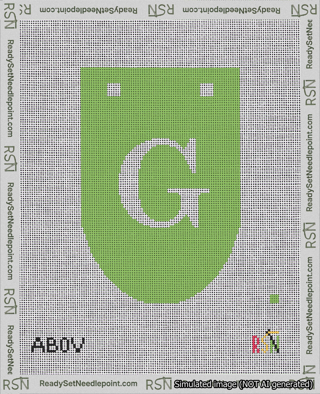 A taped needlepoint canvas with the design: Banner 18 mesh count Rounded G White on Light Green.