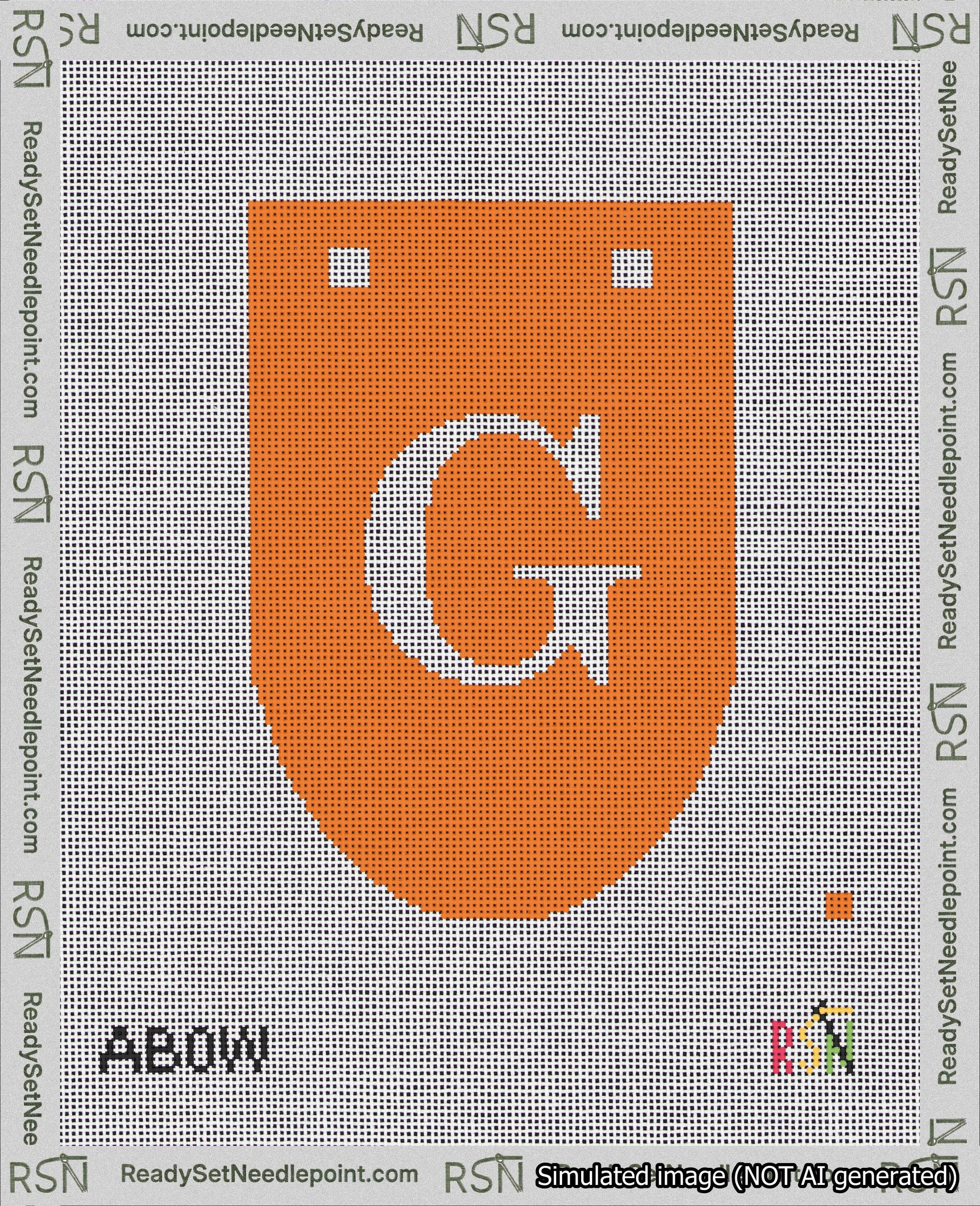 A taped needlepoint canvas with the design: Banner 18 mesh count Rounded G White on Orange.