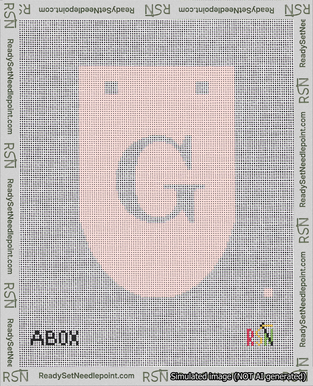 A taped needlepoint canvas with the design: Banner 18 mesh count Rounded G White on Pink.