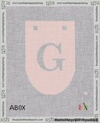 A taped needlepoint canvas with the design: Banner 18 mesh count Rounded G White on Pink.