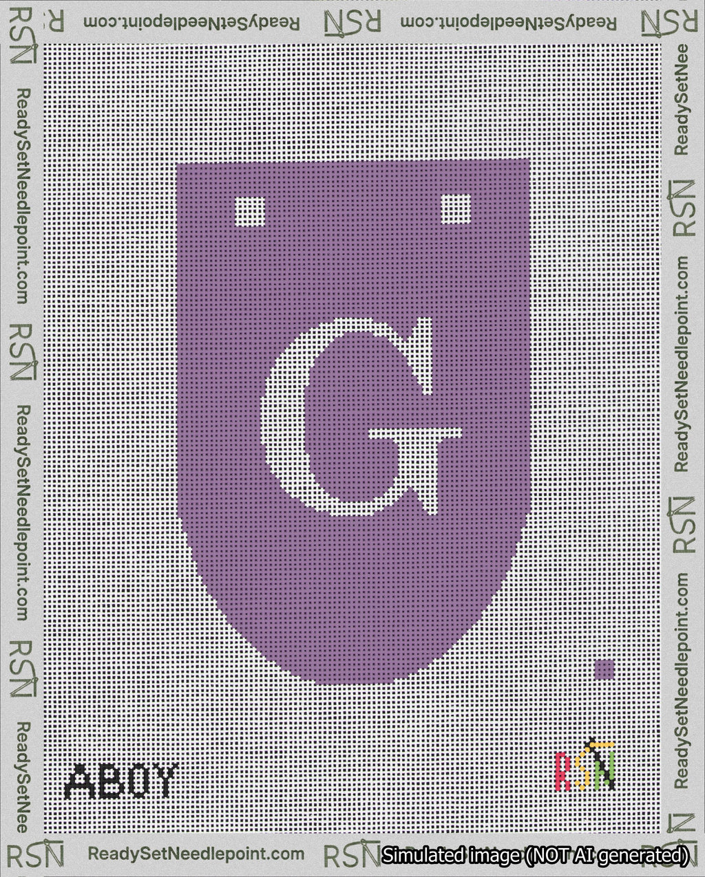 A taped needlepoint canvas with the design: Banner 18 mesh count Rounded G White on Purple.