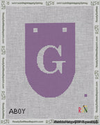 A taped needlepoint canvas with the design: Banner 18 mesh count Rounded G White on Purple.