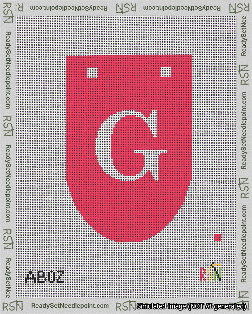 A taped needlepoint canvas with the design: Banner 18 mesh count Rounded G White on Red.