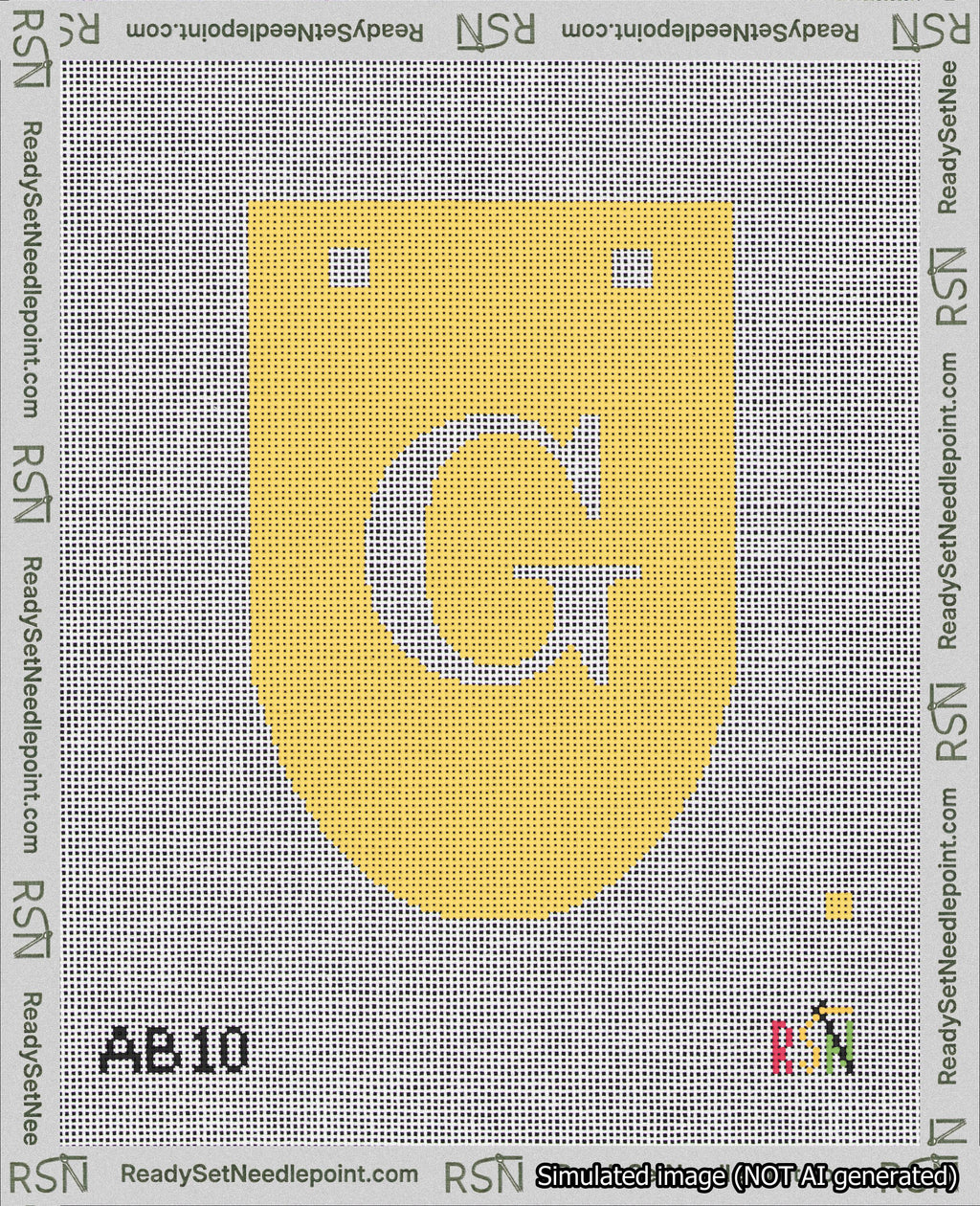 A taped needlepoint canvas with the design: Banner 18 mesh count Rounded G White on Yellow.