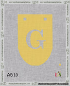 A taped needlepoint canvas with the design: Banner 18 mesh count Rounded G White on Yellow.