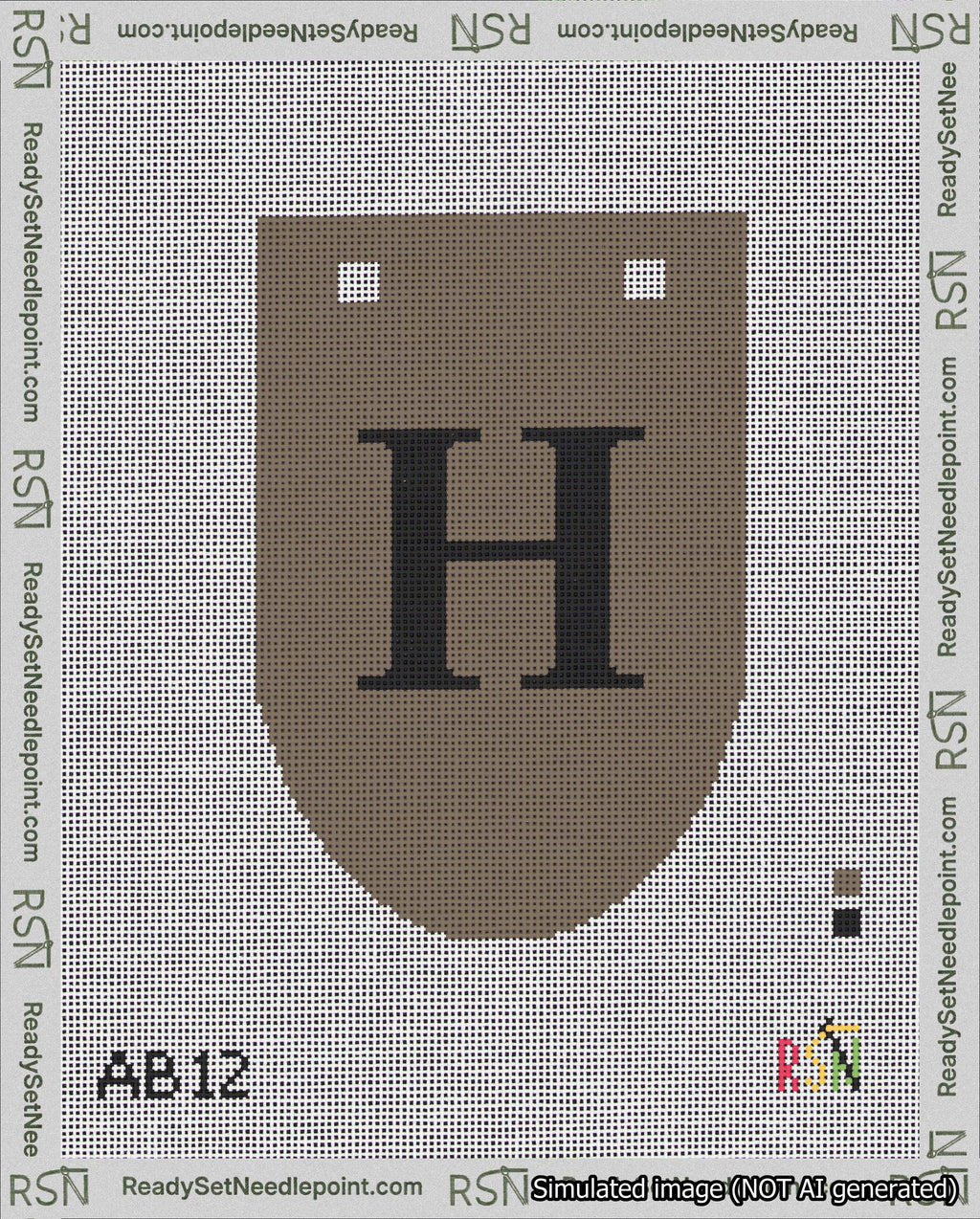 A taped needlepoint canvas with the design: Banner 18 mesh count Rounded H Black on Brown.