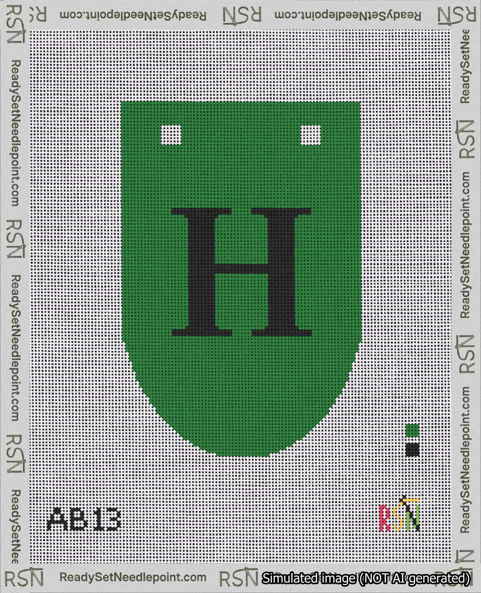 A taped needlepoint canvas with the design: Banner 18 mesh count Rounded H Black on Green.