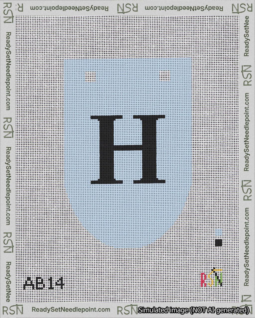 A taped needlepoint canvas with the design: Banner 18 mesh count Rounded H Black on Light Blue.