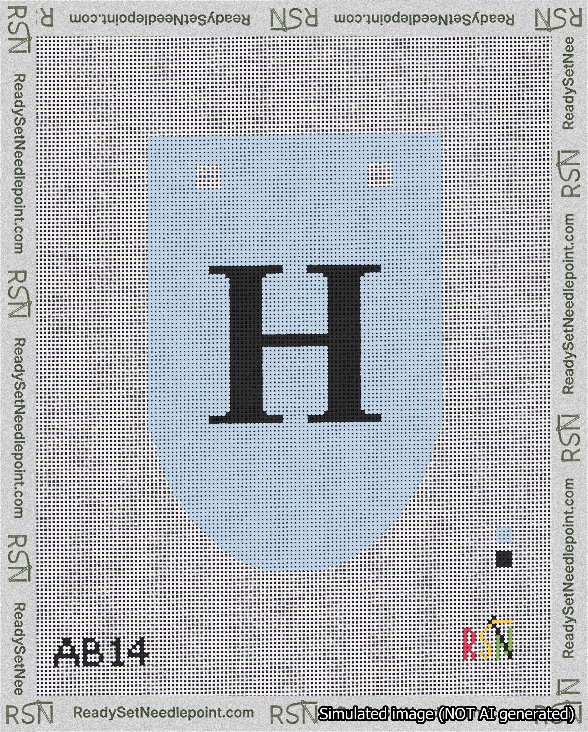 A taped needlepoint canvas with the design: Banner 18 mesh count Rounded H Black on Light Blue.