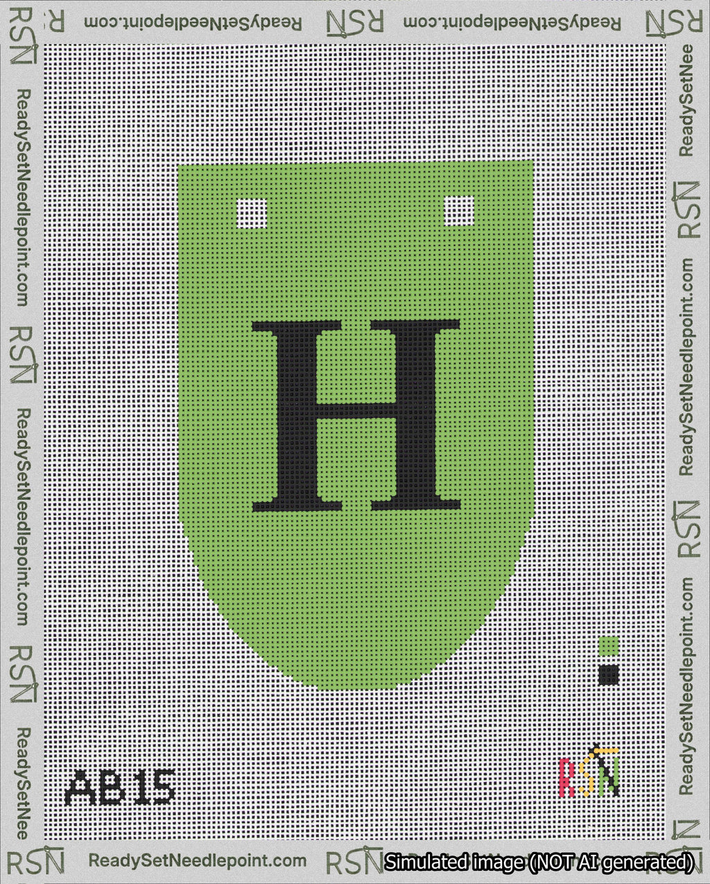 A taped needlepoint canvas with the design: Banner 18 mesh count Rounded H Black on Light Green.