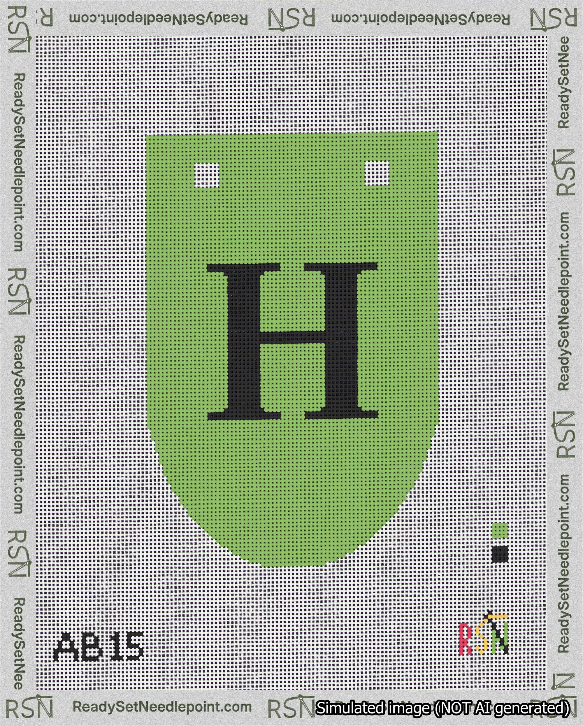 A taped needlepoint canvas with the design: Banner 18 mesh count Rounded H Black on Light Green.