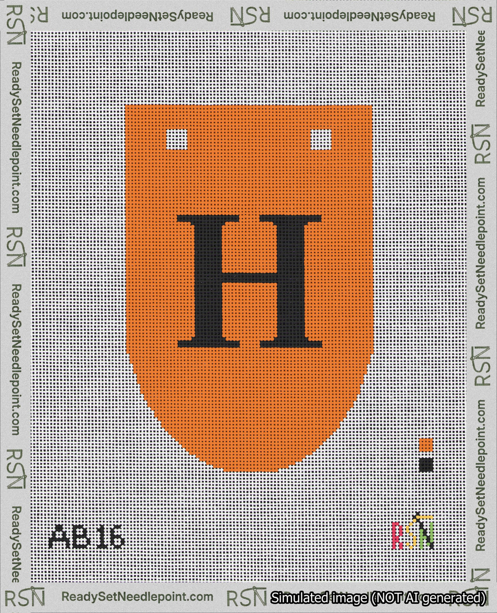 A taped needlepoint canvas with the design: Banner 18 mesh count Rounded H Black on Orange.