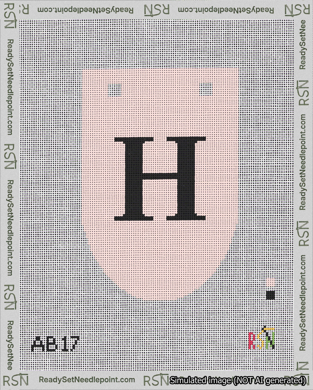 A taped needlepoint canvas with the design: Banner 18 mesh count Rounded H Black on Pink.