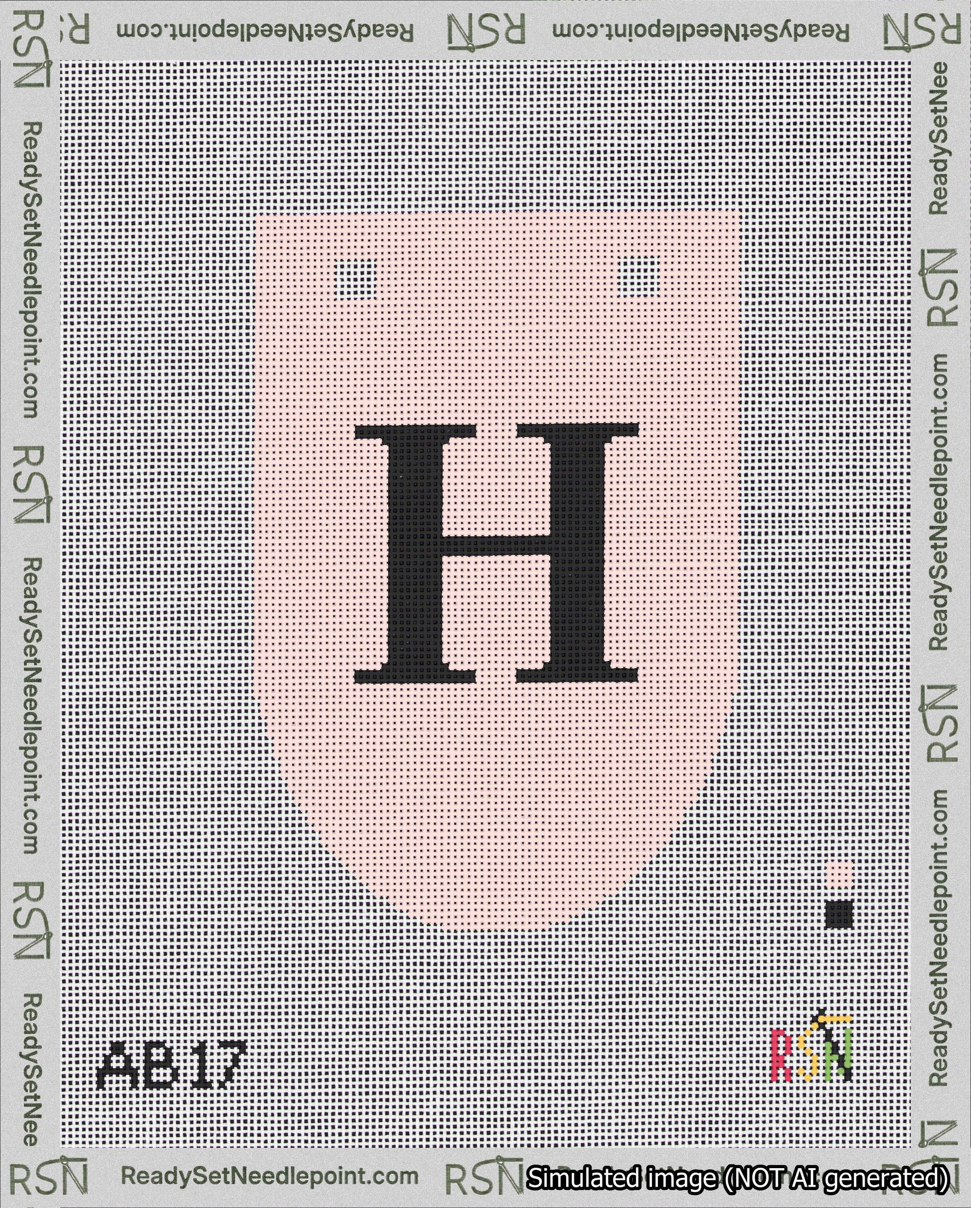 A taped needlepoint canvas with the design: Banner 18 mesh count Rounded H Black on Pink.