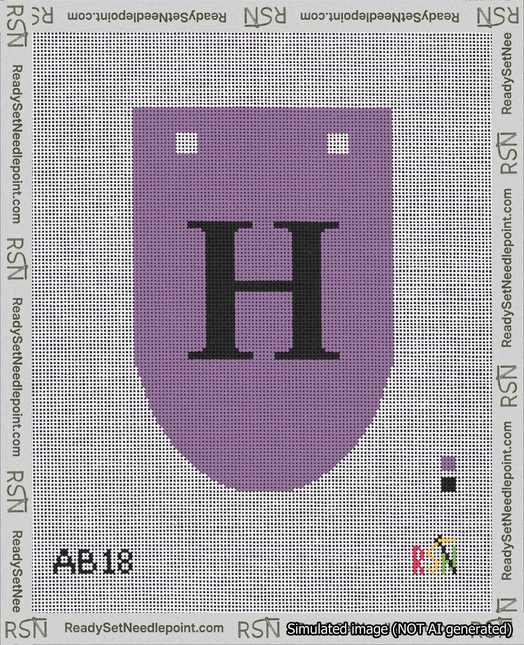 A taped needlepoint canvas with the design: Banner 18 mesh count Rounded H Black on Purple.