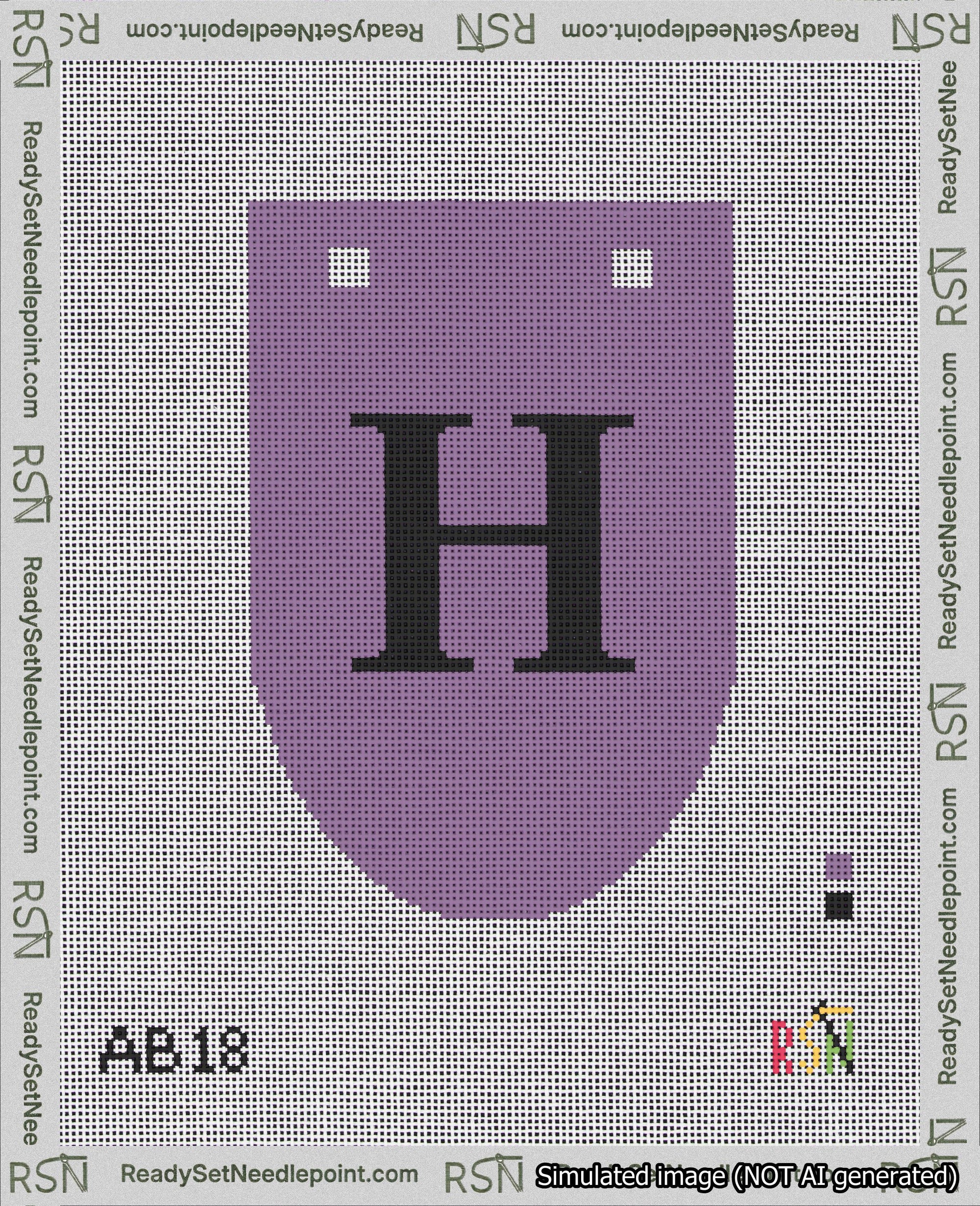 A taped needlepoint canvas with the design: Banner 18 mesh count Rounded H Black on Purple.